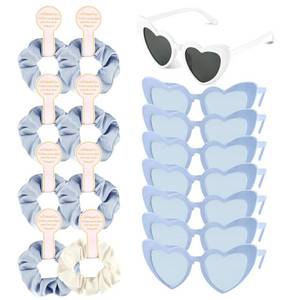 lot 30682 image: BOUBONI 7 Pcs Satin Bridesmaid Scrunchies 7 Pairs Bachelorette Sunglasses Elastic Bridal Party Hair Ties Ideas Gift Heart Shaped Sunglasses for Wedding Party Bridesmaid Proposal Gifts (Blue, White)