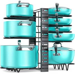 lot 30694 image: MUDEELA Pots and Pans Organizer Rack under Cabinet with 3 DIY Methods, Adjustable Pot Pan Rack with 8 Tiers for Kitchen Cabinet Organizers and Storage