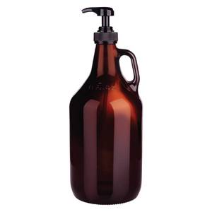 lot 30697 image: Half Gallon Glass Pump Dispenser Bottle, Large Jug with Pump for Laundry Soap Dispenser, Liquid Detergent, Fabric Softener, Syrup Pump - 64 oz Capacity - Amber Bottle- Pack of 2, by Kitchentoolz