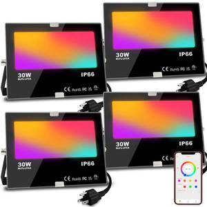 lot 30700 image: LED Flood Light Outdoor, 300W Equivalent 3000LM Smart RGB Landscape Lighting with APP Control, DIY Scenes - Timing - Warm White 2700K - Color Changing Uplight, IP66 Waterproof US Plug MELPO(4 Pack)