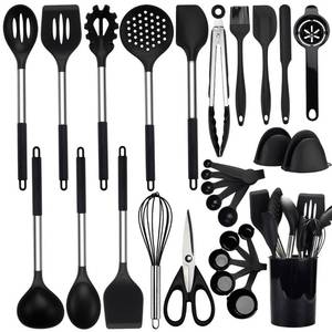 lot 30702 image: NCUE Cooking Utensils Set, 28 Pcs Silicone Kitchen Utensils Set with Holder, Silicone Whisk, Spatulas, Scissors, Measuring Cups and Spoons Set with Stainless Steel Handle Kitchen Gadgets (Black)