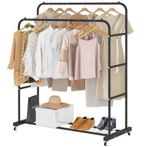 lot 30706 image: Laiensia Double Rods Clothing Rack with Wheels, Garment Rack for Hanging Clothes, Multi-functional Bedroom Clothes Rack, Black