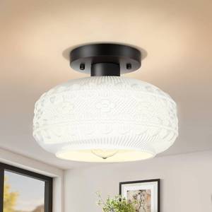 lot 30708 image: APOTO Black Semi Flush Mount Ceiling Light Fixture,Globe Glass Hallway Light Fixture Ceiling Light with Milk Glass,Vintage Kitchen Light,Farmhouse Light for Entryway Bathroom,Bulb Not Included