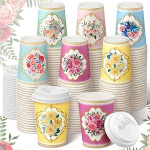 lot 30710 image: Karenhi 96 Pack 12 oz Spring Floral Paper Cups Vintage Party Tea Cup Disposable Coffee Cups with Lids for Women Girls Bridal Party Wedding Tea Party Decorations Baby Shower(Fresh Style)