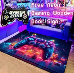 lot 30732 image: Gaming Rug Teen Boys Carpet with Neon Gaming Wooden Door Sign, The Blacklight Gamer Non-Slip Rug for Boys Room, Wooden Video Game Wall Art Print, Boys Kids Room Bedroom Playroom Decorations