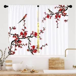 lot 30755 image: Laifzere Red Floral Cherry Kitchen Curtains Flower Small Short Cafe Window Curtains Blossom Asian Japanese Plum Aesthetic Rod Pocket Bathroom Window Drapes Treatment Tier Curtains (27.5x39 Inch)