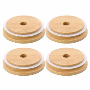 lot 30769 image: 4 Pack 86mm Wide Mouth Bamboo Mason Jar Lids with Straw Hole Reusable Bamboo Caps Leak-Proof Glass Canning Drinking Storage Jars Lid