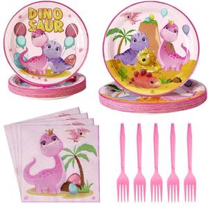 lot 30776 image: 96Pcs Pink Dinosaur Birthday Party Supplies, Dinosaur Plates Napkins Forks, Girls Dinosaur Theme Tableware Set, Dinosaur Party Decorations for Kids Girls Birthday Party Dinosaur Theme Party Serves 24