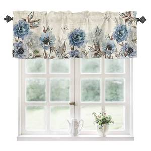 lot 30779 image: YOKOU Kitchen Curtains Valances, Flower Butterfly Dragonfly Vintage Blue Floral Spring Summer Short Rod Pocket Valances for Windows for Bedroom, Bathroom, 1 Panel, 54 W x 18 L