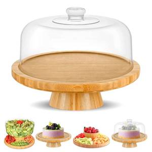 lot 30806 image: Bamboo Cake Stand with Dome Multi Function 6 in 1 Cake Holder Serving Platter, (12) Round Veggie Stand and Salad Bowl, Decorative Display Cake Stand with lid