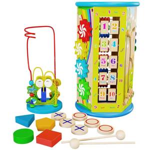 lot 30837 image: Wooden Activity Cube for Toddlers 1-3 with Bead Maze - Birthday Gift Busy Baby Activity Cube for Babies 12 Months - Standing Wood Sensory Learning Cube Play Center Toys for 1 Year Old Boys & Girls