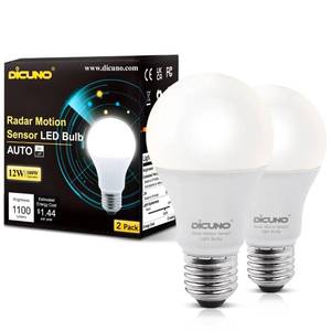 lot 30856 image: DiCUNO Radar Motion Sensor Light Bulbs Outdoor, 12W (100W Equivalent), Motion Sensor Bulb Auto OnOff, Daylight White 5000K, 1100 LM, A19 E26 IndoorOutdoor Lighting for Front Porch Garage, 2-Pack