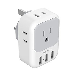 lot 30859 image: US to UK Plug Adapter, TESSAN Type G Ireland Travel Adapter with 4 Electrical Outlet 3 USB Charger, USA to Dubai Kenya Scotland England British London Hong Kong Irish Singapore Power Adaptor
