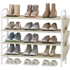 lot 30886 image: SUOERNUO Shoe Rack Storage Organizer 4 Tier Free Standing Metal Shoe Shelf Compact Shoe Organizer with Side Bag for Entryway Closet Bedroom,Beige