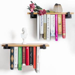 lot 30889 image: VEBAVO Floating Bookshelves Set of 2 - Double Storage Unique Wall Bookshelf - Natural Wood & Metal Brackets Bookshelf Wall Mount, Innovative Space-Saving Solution Hanging Bookshelf (16.5W x 6.7D)