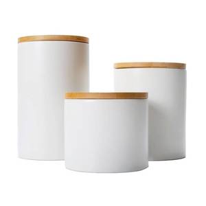 lot 30890 image: XITELIY White Ceramic Canisters Sets with Airtight Seal Bamboo Lid, Food Storage Jar for Kitchen Countertop Serving Coffee, Tea, Sugar, Spices, Salt, Flour, Dog Treats and More (Set of 3)
