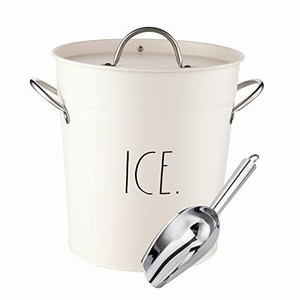 lot 30902 image: Rae Dunn Ice Bucket with Scoop - Stainless Steel Bucket with Handle, Lid and Ice Scooper - 4 Qt. Storage Bin for Ice Cubes for Bars, Parties, Backyard Barbeques, Picnics, and Camping (White)