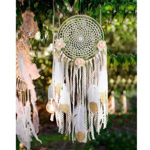 lot 30917 image: AerWo Boho Dream Catcher for Bedroom, Handmade White Gold Feather Flowers Dream Catchers for Girls Kids Nursery Bedroom Wall Decor Festival Gift (Dia 7.8 Length 20)