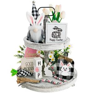 lot 30952 image: Easter Tiered Tray Decorations 8pcs Spring Easter Bunny Gnome Decor, Buffalo Plaid Easter Gnome Plush Black Check Carrot 3D Easter Wood Signs Bead Garland Easter Farmhouse Kitchen Table Decor