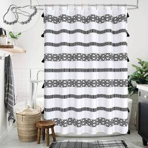lot 30974 image: MitoVilla Black White Tassel Shower Curtain 72 x 78, Boho Long Shower Curtain Set, Modern Farmhouse Washable Fabric Shower Curtain 78 inches Long, Geometric Shower Curtain for Bathroom Decor