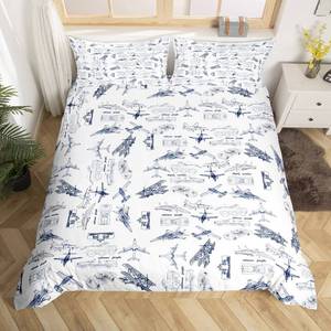 lot 30985 image: Aircraft Bedding Duvet Cover Set Kids Airplane Print Bedding Set Boys Girls Decor Aircraft Flying Comforter Cover Set Microfiber Sketch Style Blue White Bedspread Cover Bedroom Bedclothes Twin Size