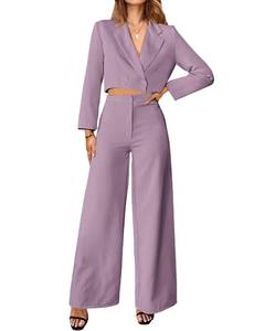lot 30995 image: PRETTYGARDEN Women Fall Two Piece Outfits Trendy Long Sleeve Crop Tops Palazzo Pant Sets Casual Blazer Suits for Work(Solid Purple,Small)