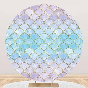 lot 30996 image: Renaiss 6.5x6.5ft Mermaid Round Backdrop for Photoshoot Girl Baby Portrait Purple Blue Scales Golden Glitter Photography Background Baby Shower Newborn Birthday Party Decor Fairytale Photo Booth Prop