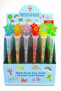 lot 31013 image: TINYMILLS 24 Pcs Religious Christian 2 in 1 Stackable Stacking Crayon with Extra Stamper Topper, Sunday School Classroom Rewards, Prizes, Christian Toys Sunday School Rewards