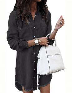 lot 31023 image: Zilcremo Women Denim Shirt Dresses Long Sleeve Distressed Jean Dress Button Down Casual Tunic Top Black XL
