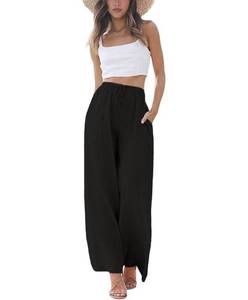 lot 31039 image: PURPEARL Linen High Waisted Wide Leg Palazzo Pants for Women Casual Summer Drawstring Trousers Flowy Beach Pants with Pockets Black. XL