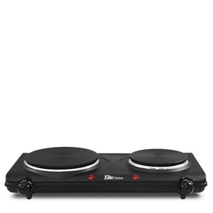 lot 31051 image: Elite Gourmet EDB-302BF# Countertop Double Cast Iron Burner, 1500 Watts Electric Hot Plate, Temperature Controls, Power Indicator Lights, Easy to Clean, Black