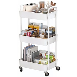 lot 31060 image: Sywhitta 3-Tier Plastic Rolling Utility Cart with Handle, Multi-Functional Storage Trolley for Office, Living Room, Kitchen, Movable Storage Organizer with Wheels, White