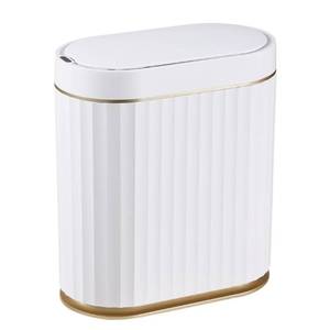 lot 31067 image: ELPHECO Automatic Motion Sensor Trash Can - 2 Gallon Slimline for Bathroom, Bedroom, Kitchen, Office - White with Gold Trim
