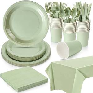 lot 31071 image: Dandat 169 Pieces Sage Green Paper Plates and Napkins Set for 24 Guest Disposable Plate Cups Napkins Tablecloth Cutlery for Bridal Baby Shower Wedding Birthday Gender Reveal Party Supplies