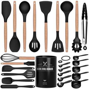 lot 31089 image: Kitchen Utensils Set, 26 Pcs Non-Stick Silicone Cooking Utensils Spatula Set with Holder, Sturdy Wooden Handle, Heat Resistance Silicone Kitchen Gadgets Utensils Set, Black