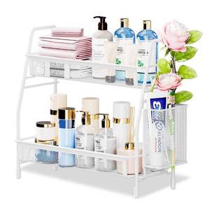 lot 31090 image: Famhap Bathroom Counter Organizer, Bathroom Organizer Countertop with Side Basket, Kitchen Countertop Organizer, Metal Spice Rack Organizer, White 13.8x12.6x5.5 inch