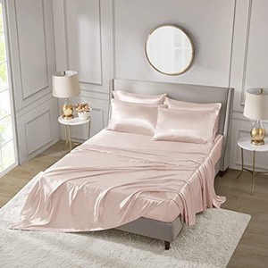 lot 31098 image: Madison Park Essentials Satin Sheet Set Luxury and Silky with Natural Sheen, Elastic 14 Pocket fits up to 16 Mattress, All Around Elastic - Year-Round Bedding, Full, Blush, 6 Piece
