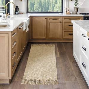 lot 31107 image: MitoVilla Boho Farmhouse Bathroom Runner Rug 2x4.3, Tan Cream Cotton Woven Throw Rugs for Living Room, Modern Washable Kitchen Rugs, Area Rugs Floor Mat with Tassel for Entryway, Hallways