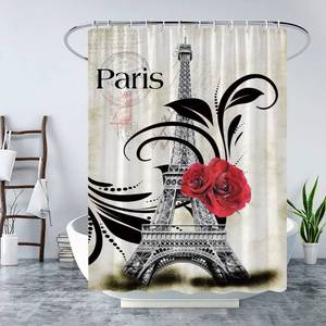 lot 31124 image: WZFashion Eiffel Tower Shower Curtain Vintage Paris Eiffel Tower Red Rose Stamp Floral Pattern Romantic Abstract France Art City Scenery Fabric Bathroom Curtains Set with Hook