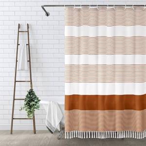 lot 31128 image: Awellife Boho Orange Shower Curtain for Bathroom Farmhouse Natural Linen Stripe Tassel Shower Curtain (Orange, 72 L x 84 W)