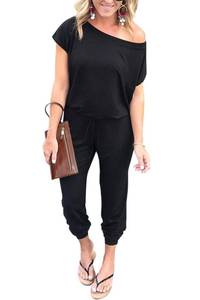 lot 31130 image: PRETTYGARDEN Womens Loose Solid Off Shoulder Elastic Waist Stretchy Long Romper Jumpsuit (Black,Large)