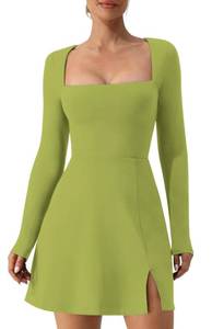 lot 31137 image: FULNEW Womens Long Sleeve Square Neck Mini Dress with Side Slit - Sexy Bodice and Flare Dress Perfect for Fall (LightGreen,XL)