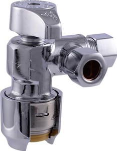 lot 31153 image: SharkBite Max 12 x 38 Inch Compression Dual Outlet Angle Stop Valve, Quarter Turn, Push to Connect Brass Plumbing Fitting, PEX Pipe, PE-RT, CPVC, Copper Pipe, UR25558