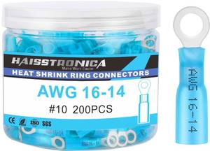 lot 31186 image: haisstronica Heat Shrink Ring Terminals #10 Marine Grade Wire Connectors Blue AWG 16-14 Gauge, Tinned Red Copper 0.7mm Resistant Ring Connectors, Brazed-Seam Insulated Electrical Crimp