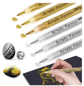 lot 31198 image: Acrylic Paint Pens, Metallic Painting Markers Set 0.7mm Colored Pens for Rock, Canvas, Wood, Glass, Ceramic, Fabric, Ceramic, Graffiti Water-Based DIY School Supplies, Gold Silver color, 6-Pack