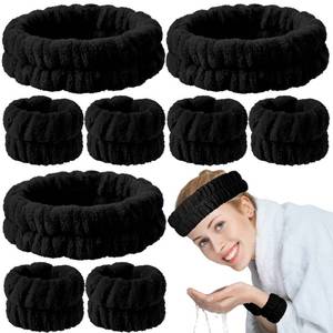 lot 31199 image: Chuangdi 9 Pcs Reusable Spa Headband Wrist Washband Face Wash Set Include 3 Microfiber Headband 6 Wrist Washband for Women Girls Avoid Liquid from Spilling Down Arms (Black, Solid Style)