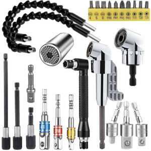 lot 31234 image: YENJO 26 PCS Flexible Drill Bit Extension Set with 2 PCS 105°Angle Drill Bit Extension, 12 38 14 inch Universal Socket Adapter & Drill Bit Holder & Universal Socket Grip & Screwdriver Bit Kit
