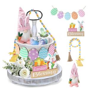 lot 31267 image: Easter Tiered Tray Decorations,9PCS Easter Decor Set 5xColored Eggs,1xEaster Bunny Gnome Plush,1x3D Wooden Sign,1xBeaded Wooden Pendant Spring Easter Farmhouse Kitchen Table Ornament
