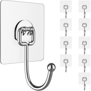 lot 31269 image: Large Hooks for Hanging Heavy-Duty 44Ib(Max) 10 Packs, Wall Hangers Without Nails Self-Adhesive Traceless Clear and Removable, Waterproof and Rustproof Multiple Uses for Bathroom Kitchen Home