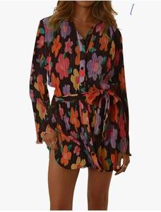 lot 31278 image: Womens Collar V Neck Button Down Pleated Long Sleeve Mini Shirt Dress with Belt. Medium